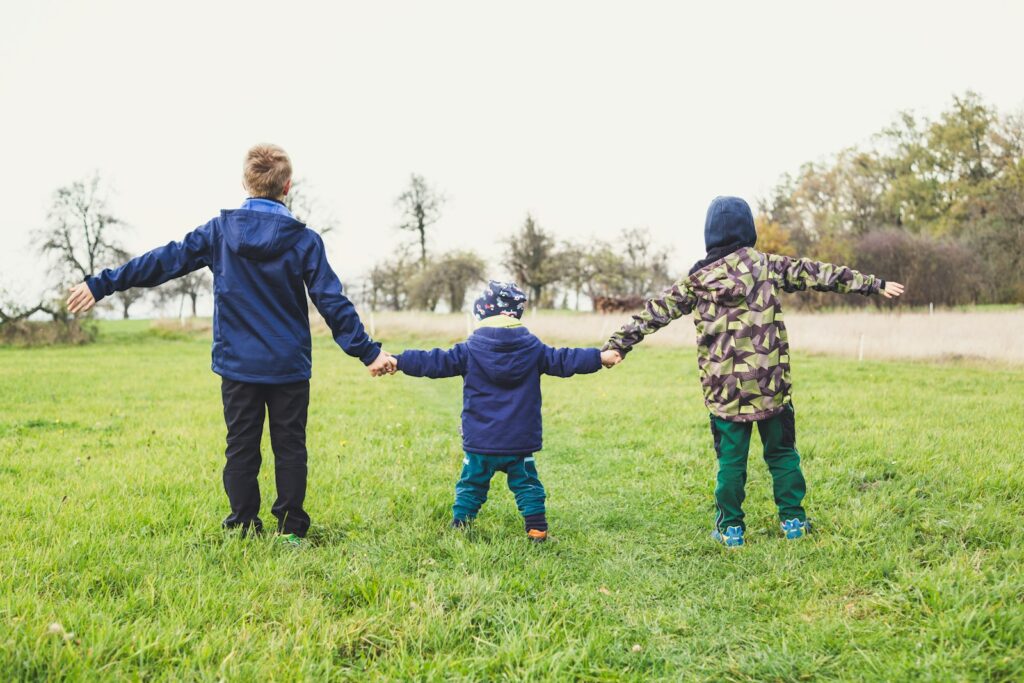 fostering siblings in Manchester three children holding hands standing on grasses